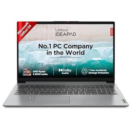 Lenovo Ideapad 1 AMD Ryzen 5 5625U (16GB RAM/512GB SSD/Windows 11/Office Home 2024/15.6 Inch (39.6Cm)/FHD IPS Display/3Months Game Pass/Arctic Grey/1.6Kg), 82R4010DIN Laptop